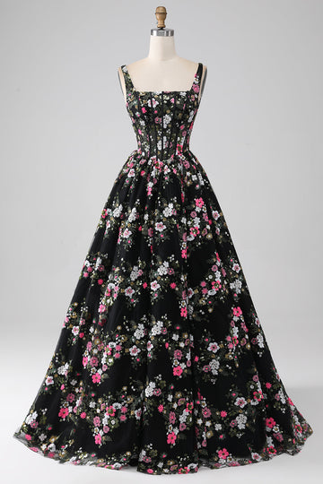 Charming A Line Square Neck Black Corset Prom Dress with Appliques